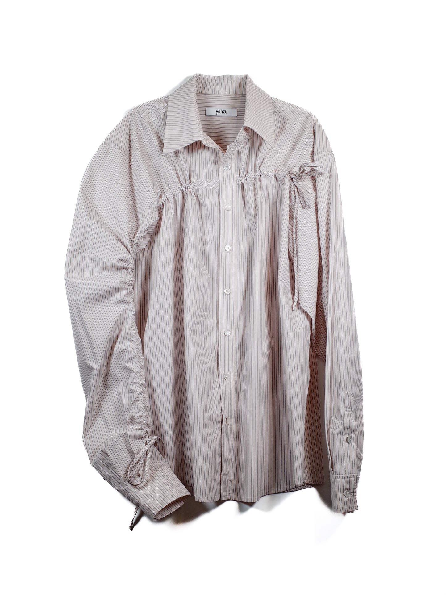 Unbalanced Gather Shirt (Beige Stripe)